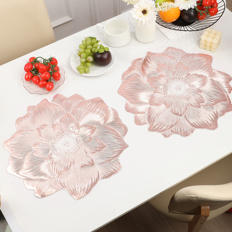 4-Pack Rose-Gold Luxury Bronzing Floral Heat-Insulated Placemats - Lotus Style Anti-Slip & Waterproof PVC Table Mats(38x38CM)