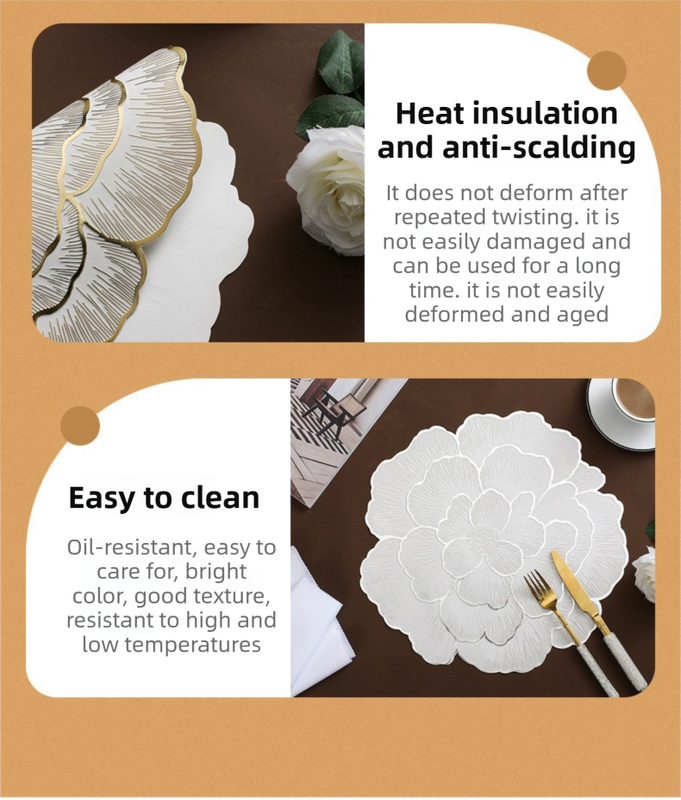 4-Pack Sliver Luxury Bronzing Floral Heat-Insulated Placemats - Lotus Style Anti-Slip & Waterproof PVC Table Mats(38x38CM)