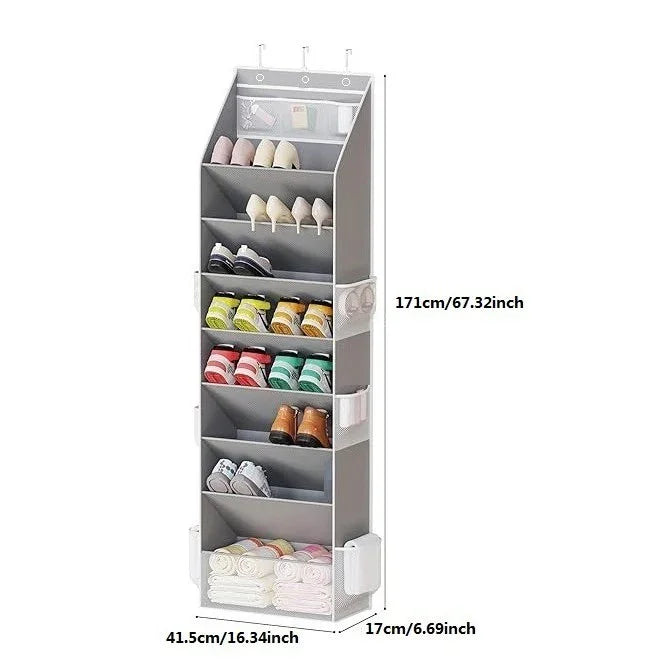 Grey 8-Tier Over-the-Door Shoe Organizer with 7 Slanted & 1 Flat & 6 Side Pockets - Multi-Functional Wall Mount  for Shoes, Bags and Towels