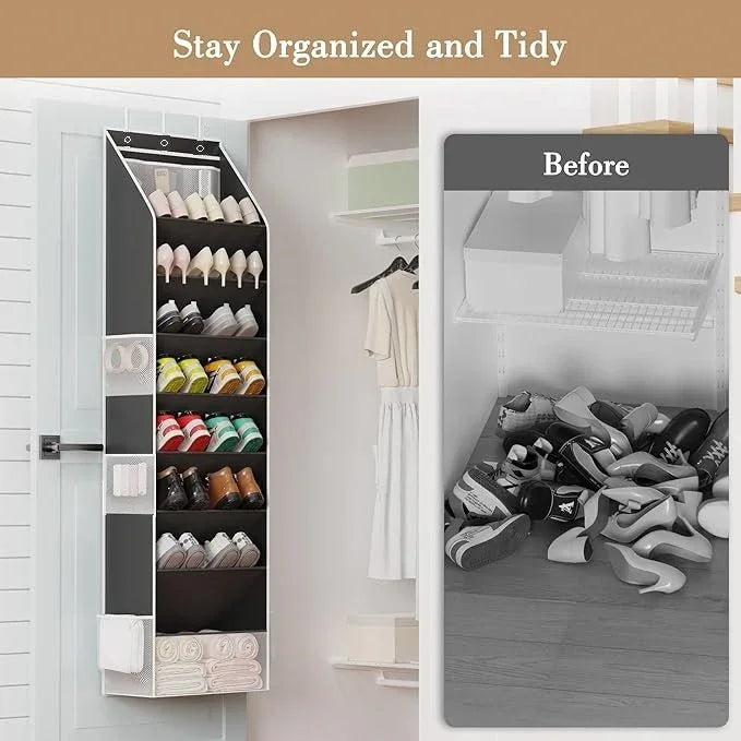 Grey 8-Tier Over-the-Door Shoe Organizer with 7 Slanted & 1 Flat & 6 Side Pockets - Multi-Functional Wall Mount  for Shoes, Bags and Towels