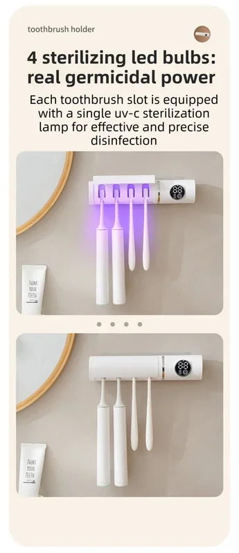 White 4-Slot Compact UV Toothbrush Sanitizer with Turbo Drying Fan & LCD Display - Anti-Dust Toothbrush Holder, 10-Minute One-Touch Deep Clean