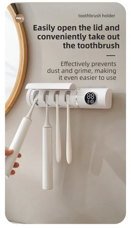 White 4-Slot Compact UV Toothbrush Sanitizer with Turbo Drying Fan & LCD Display - Anti-Dust Toothbrush Holder, 10-Minute One-Touch Deep Clean