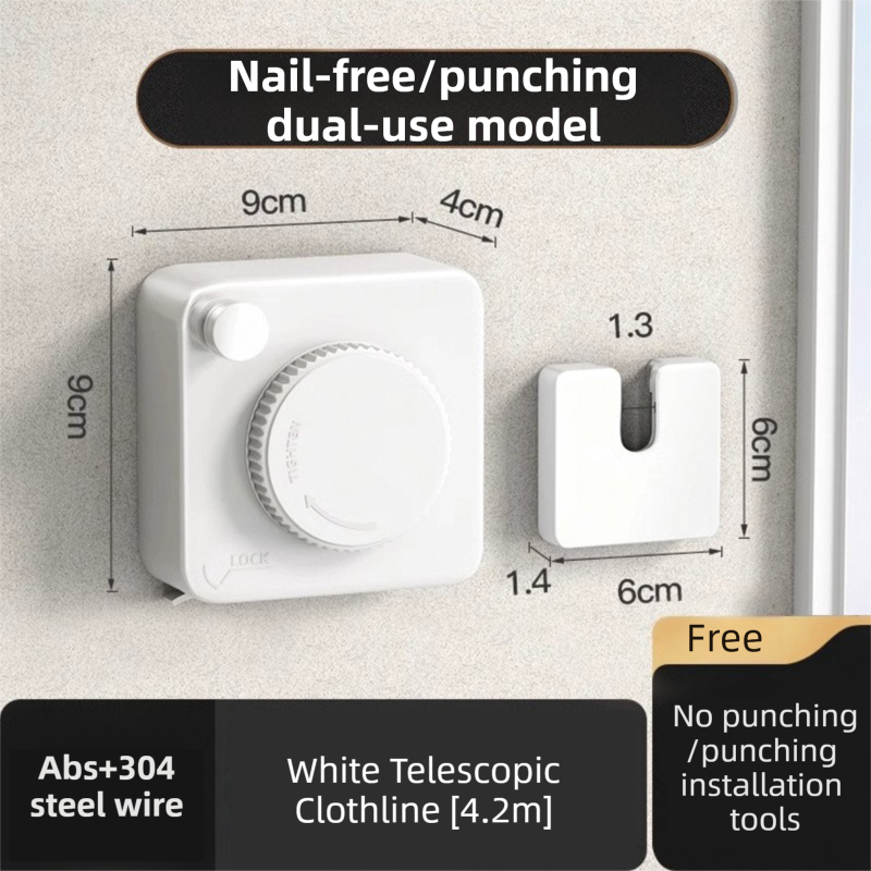 White 4.2M Heavy Duty Invisible Retractable Clothesline - Rustproof & Drill-Free Laundry Hanger with 20kg Load Capacity