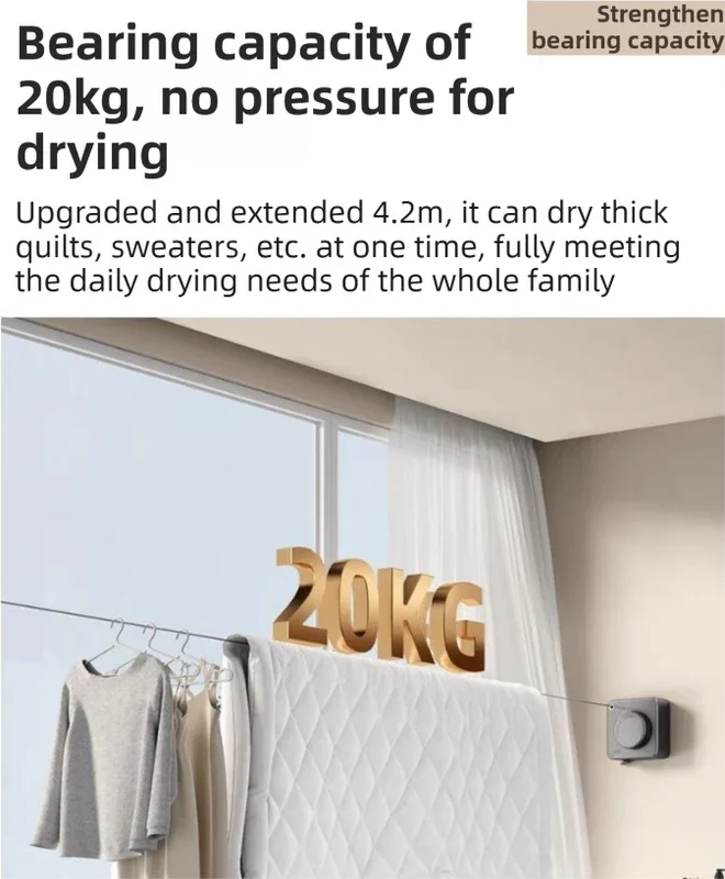 White 4.2M Heavy Duty Invisible Retractable Clothesline - Rustproof & Drill-Free Laundry Hanger with 20kg Load Capacity