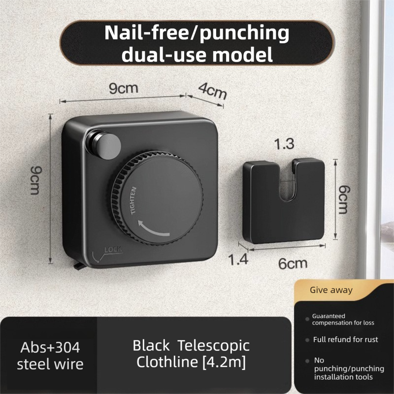 Black 4.2M Heavy Duty Invisible Retractable Clothesline - Rustproof & Drill-Free Laundry Hanger with 20kg Load Capacity