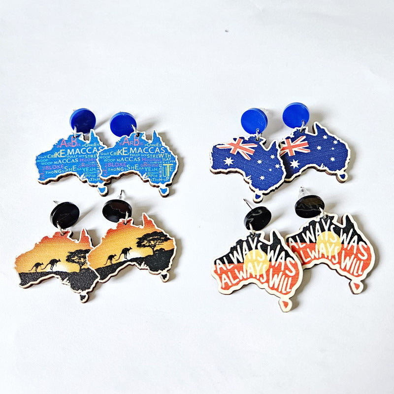 4-Pair Wooden Australia Map Silhouette Earrings - Lightweight Geometric Ear Drops, Cultural Decor Gift