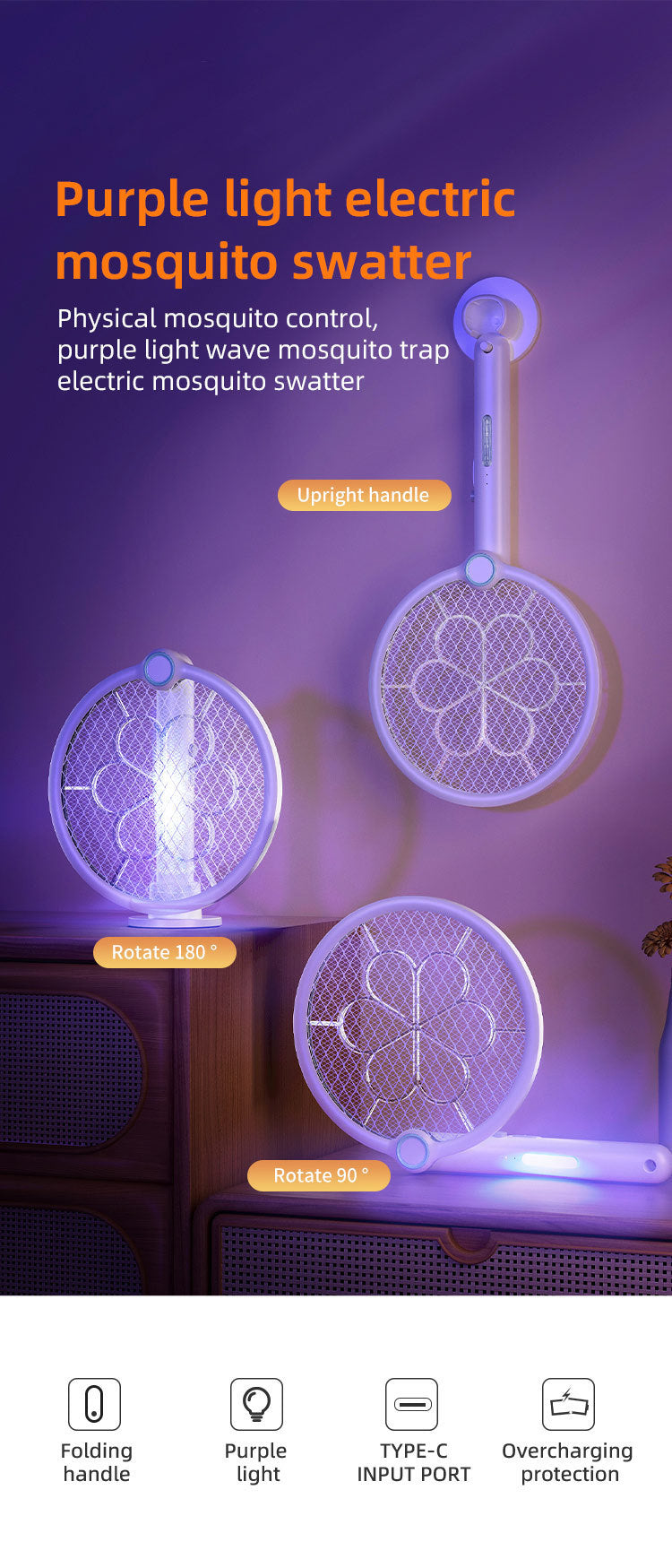 2-in-1 Foldable Electric Mosquito Swatter & UV Light Killer Lamp with 180° Rotating Head and Base - Wall-Mounted & Self-Standing Non-Toxic Pest Control