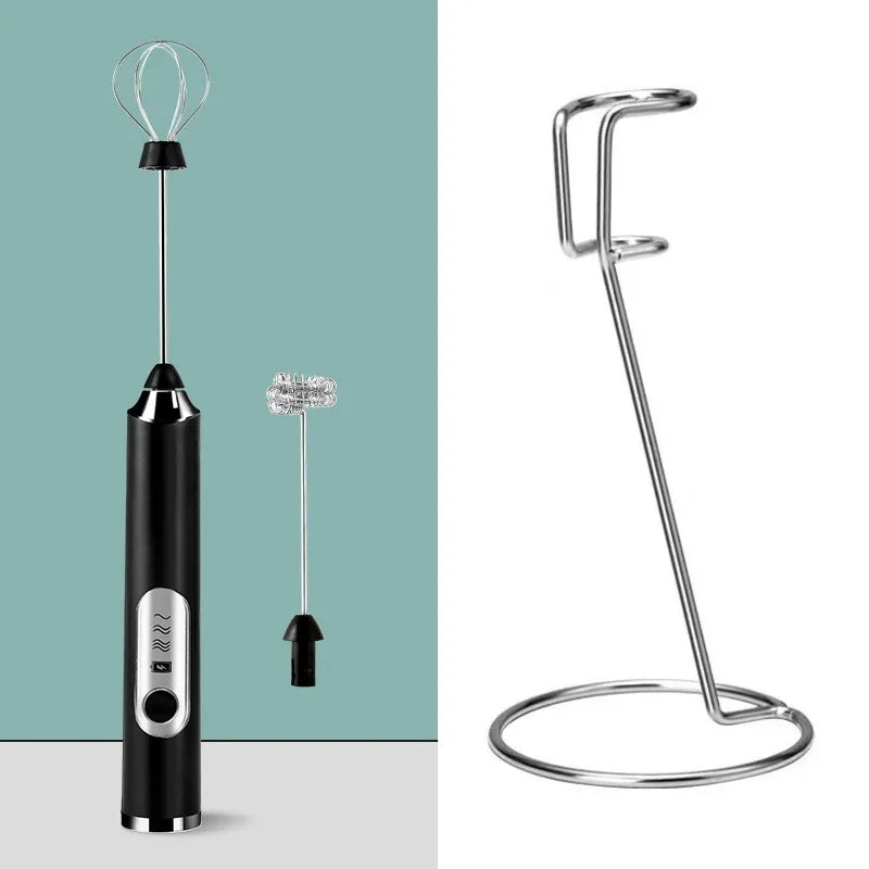 Black Rechargeable Handheld Milk Frother and Electric Whisk Set 3 Speeds with 2 Stainless Steel Heads and Storage Stand Australian Home Barista Kit