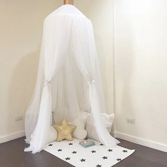 White Nordic Style 7-Layer Tulle Bed Canopy 300cm Extra Long 60cm Dome for Australian Kids Bedroom Nursery and Playroom Decor