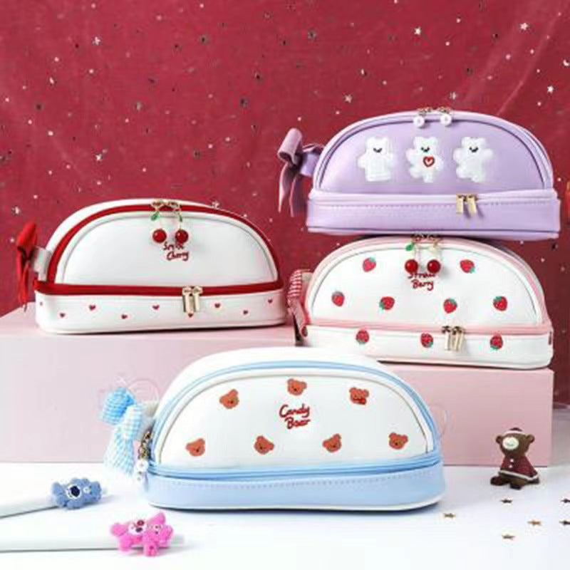Red Large Capacity Double Layer Pencil Case Waterproof PU Leather Stationery Organizer for Australian Students and Office Use High Capacity Makeup Bag