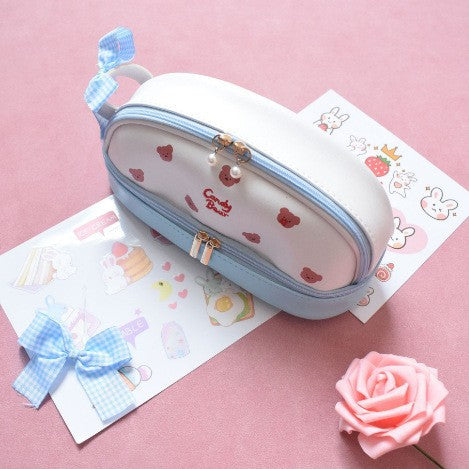 Blue Large Capacity Double Layer Pencil Case Waterproof PU Leather Stationery Organizer for Australian Students and Office Use High Capacity Makeup Bag