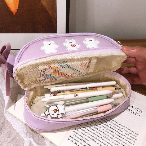 Purple Large Capacity Double Layer Pencil Case Waterproof PU Leather Stationery Organizer for Australian Students and Office Use High Capacity Makeup Bag