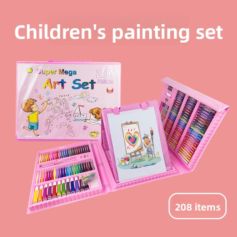 Pink 208-Piece Kids Art Set with Built-in Trifold Easel Drawing and Painting Kit for Students with Watercolor Pens Crayons and Pencils for Aussie Homes