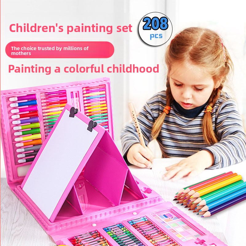 Blue 208-Piece Kids Art Set with Built-in Trifold Easel Drawing and Painting Kit for Students with Watercolor Pens Crayons and Pencils for Aussie Homes