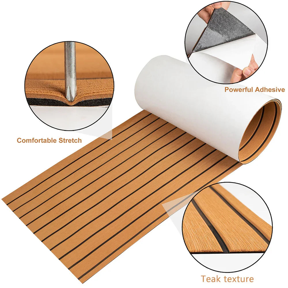 Teak EVA Foam Boat Flooring Sheet Brown with Black Stripes Self-Adhesive Marine Decking Mat for Yacht Fishing Boat RV DIY Upgrade Australian Boating(2400x600x6mm)