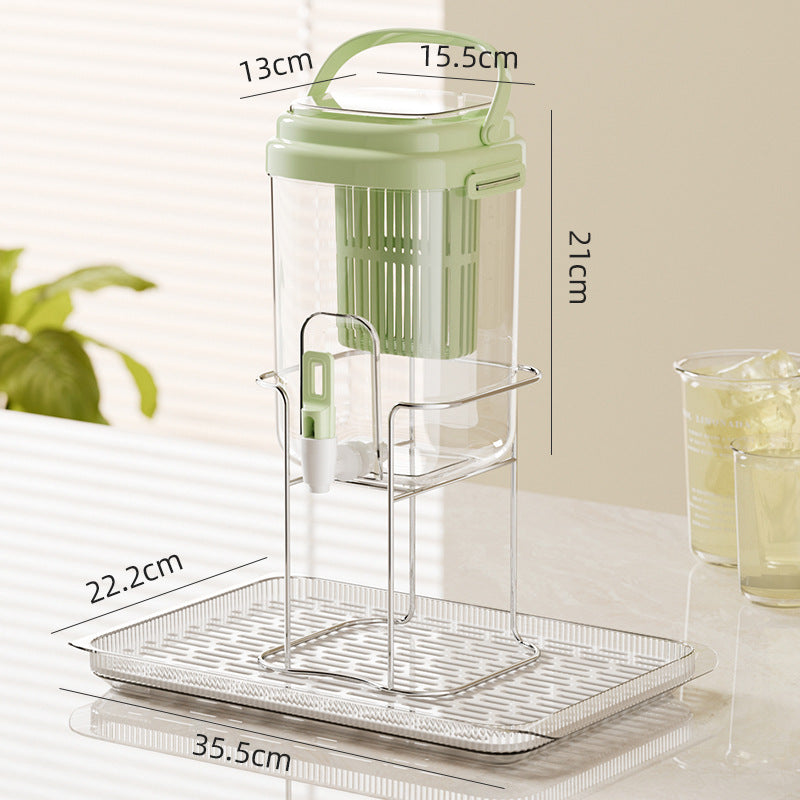 Green Refrigerator Beverage Dispenser with Faucet and Plastic Fruit Filter 3.5L Cold Water Jug includes Metal Stand and Drip Tray Portable Drink Solution for Local Home Use