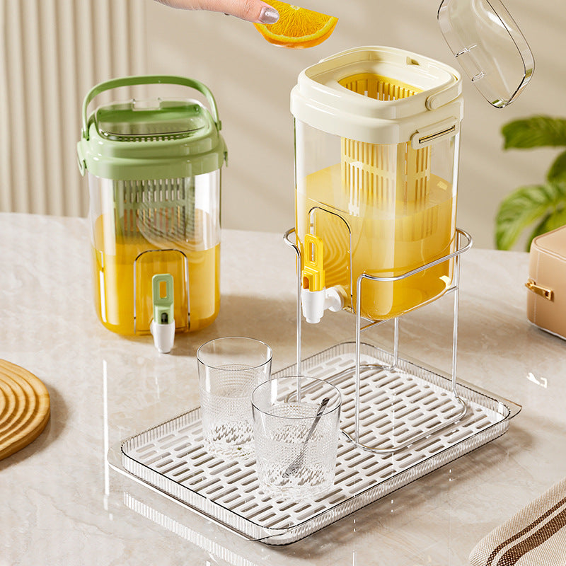 Green Refrigerator Beverage Dispenser with Faucet and Plastic Fruit Filter 3.5L Cold Water Jug includes Metal Stand and Drip Tray Portable Drink Solution for Local Home Use