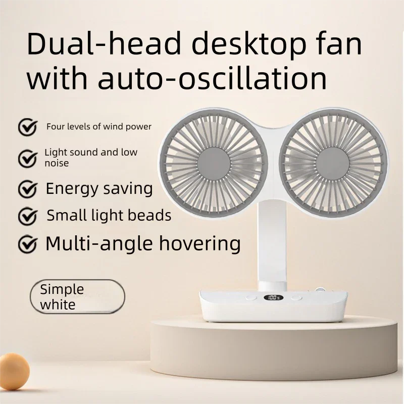 Dual-head Desktop Fan 4000mAh Rechargeable with 4 Speeds LED Display and Night Light Portable Silent Cooling Solution for Home Office and Local Travel