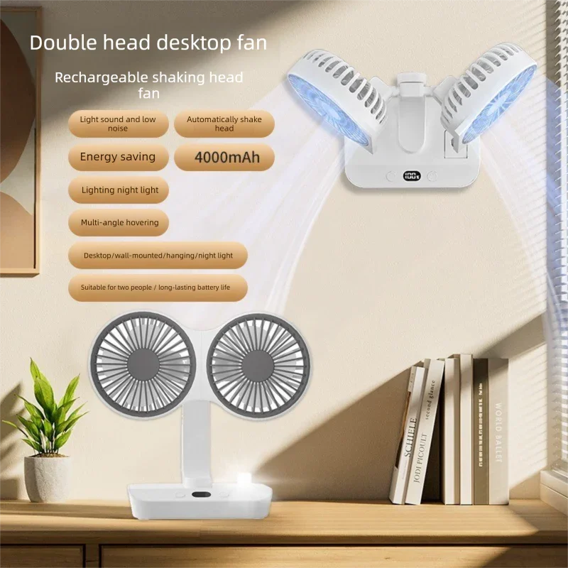 Dual-head Desktop Fan 4000mAh Rechargeable with 4 Speeds LED Display and Night Light Portable Silent Cooling Solution for Home Office and Local Travel