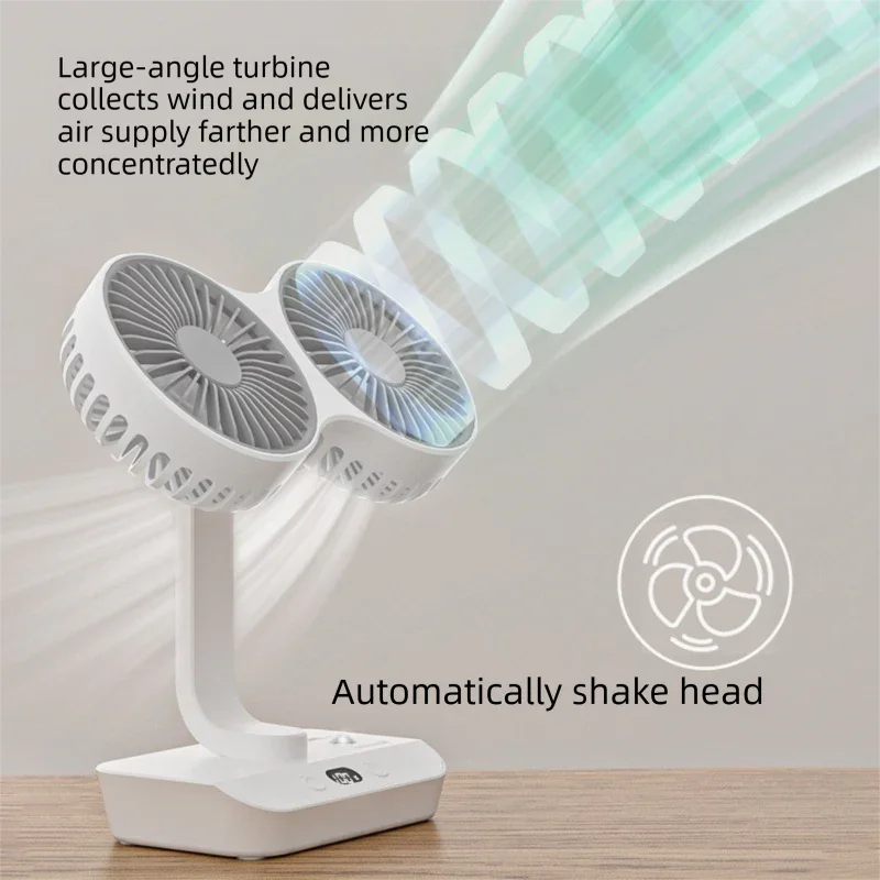 Dual-head Desktop Fan 4000mAh Rechargeable with 4 Speeds LED Display and Night Light Portable Silent Cooling Solution for Home Office and Local Travel