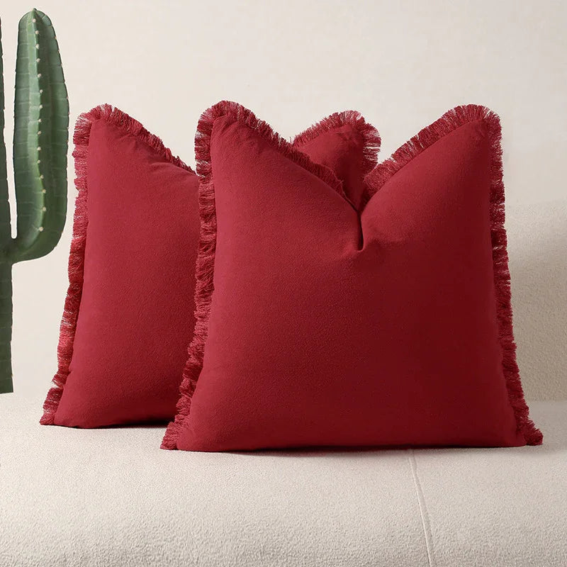 Red 2 Pack Bohemian Tassel Pillowcases Soft Washed Cotton Cushion Covers for Living Room Sofa Elegant Decor Solution for Local Standard Home Environments