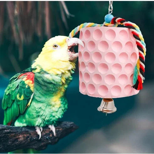 2-Pack Blue Hanging Bird Chew Toy with Bell and Rope, Ideal for Parrots, Squirrels, and Rodents – Durable Wood-Based Grinding Stone for Beak Exercise and Enrichment