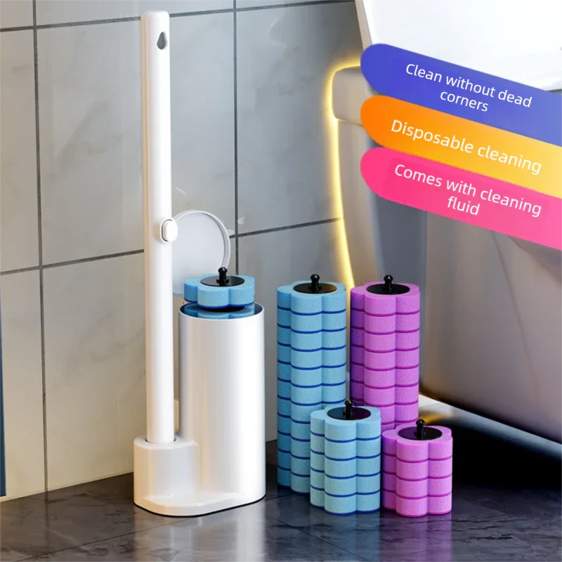 White Disposable Toilet Brush Set with Built-in Cleaner – Wall-Mountable, No-Drill Bathroom Cleaning Kit with Replaceable Heads(5 ocean-cleaning cotton pads)
