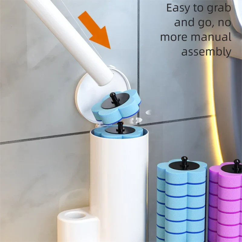 White Disposable Toilet Brush Set with Built-in Cleaner – Wall-Mountable, No-Drill Bathroom Cleaning Kit with Replaceable Heads(5 ocean-cleaning cotton pads)