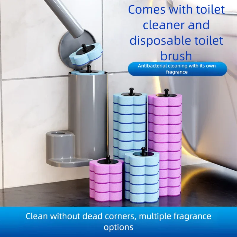 Grey Disposable Toilet Brush Set with Built-in Cleaner – Wall-Mountable, No-Drill Bathroom Cleaning Kit with Replaceable Heads(10 ocean-cleaning cotton pads)