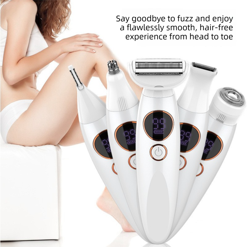Pink 5-in-1 Women's Hair Removal Epilator – Multi-Function Body Grooming Kit with Waterproof Design, LED Display & USB Charging