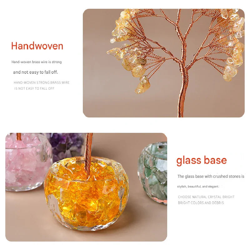 Green Natural Crystal Tree Ornament – Handmade Miniature Decorative Tree with Glass Base for Home, Office & Gift