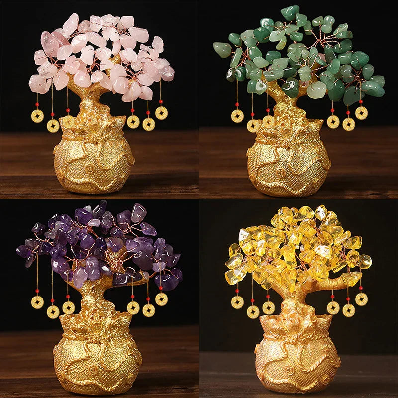 Pink Handcrafted Crystal Tree Ornament – Resin Money Bag Base with Hanging Coin Charms for Home & Office Decor