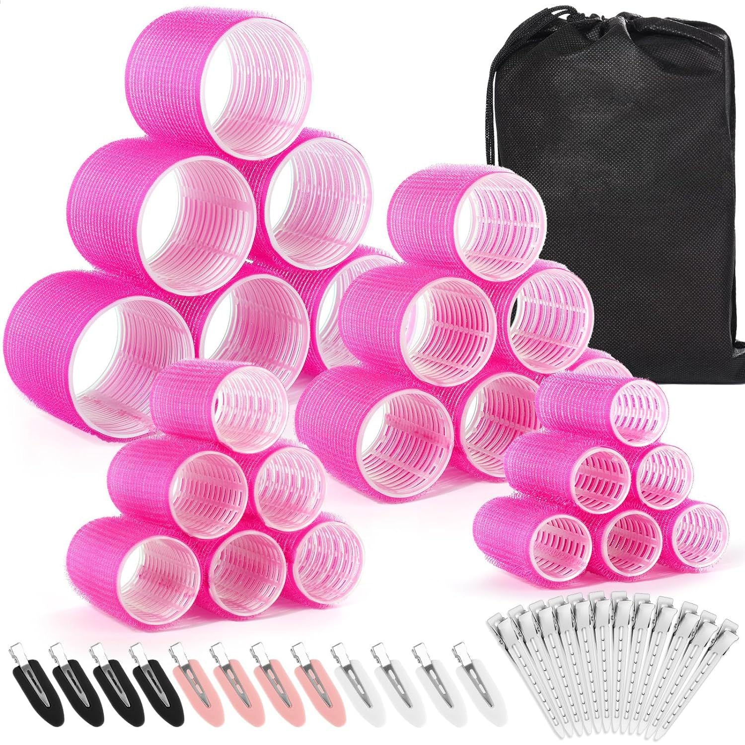 Rose red 49-Piece Pink Plastic Hair Rollers Set with Clips and Storage Bag for At-Home Styling – Multi-Size Curlers for Voluminous Curls, Waves and Bangs