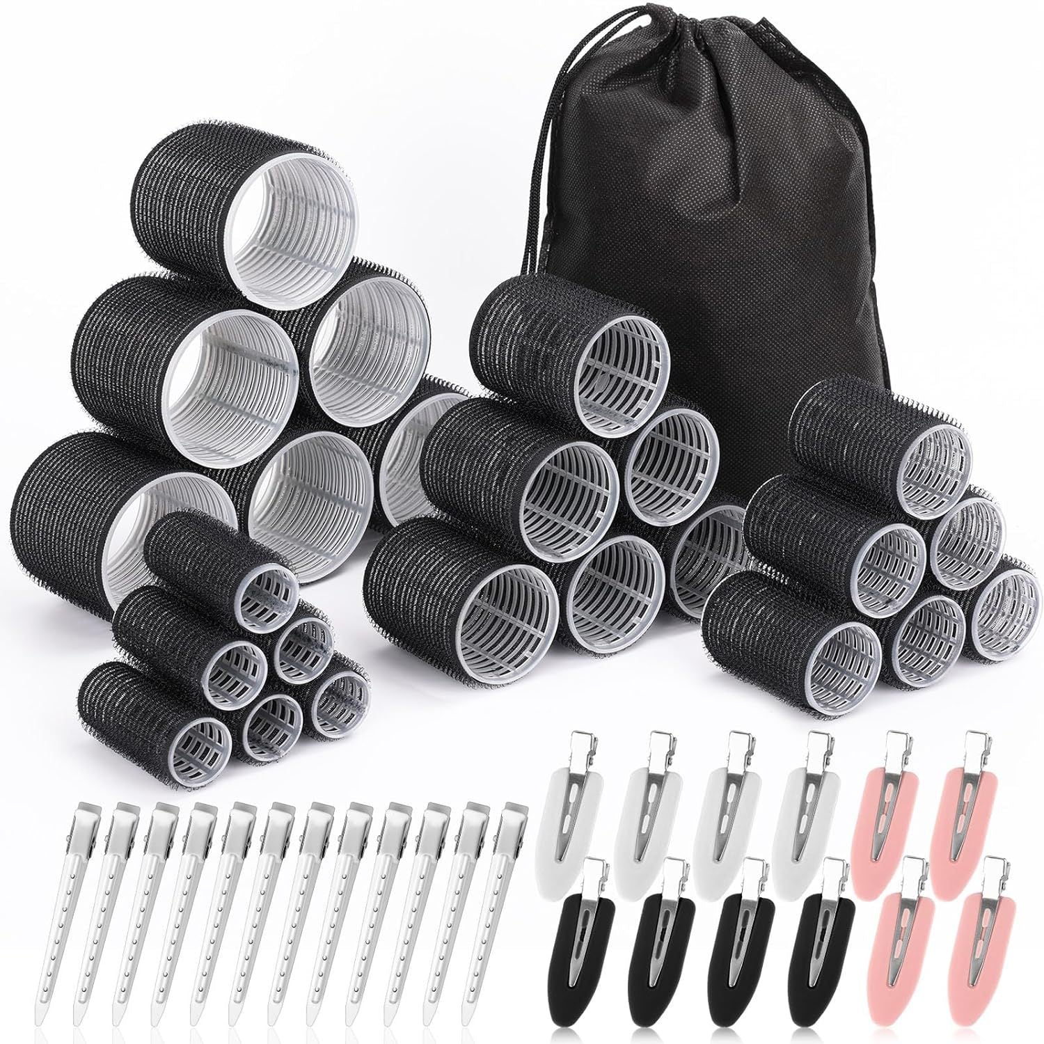 Black 49-Piece Pink Plastic Hair Rollers Set with Clips and Storage Bag for At-Home Styling – Multi-Size Curlers for Voluminous Curls, Waves and Bangs