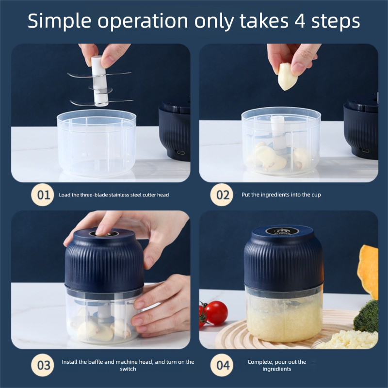 3-blade cutter head White Wireless Electric Garlic Chopper 300ml Portable Mini Food Processor USB Rechargeable for Baby Food and Dipping Sauce Essential Local Kitchen Tool