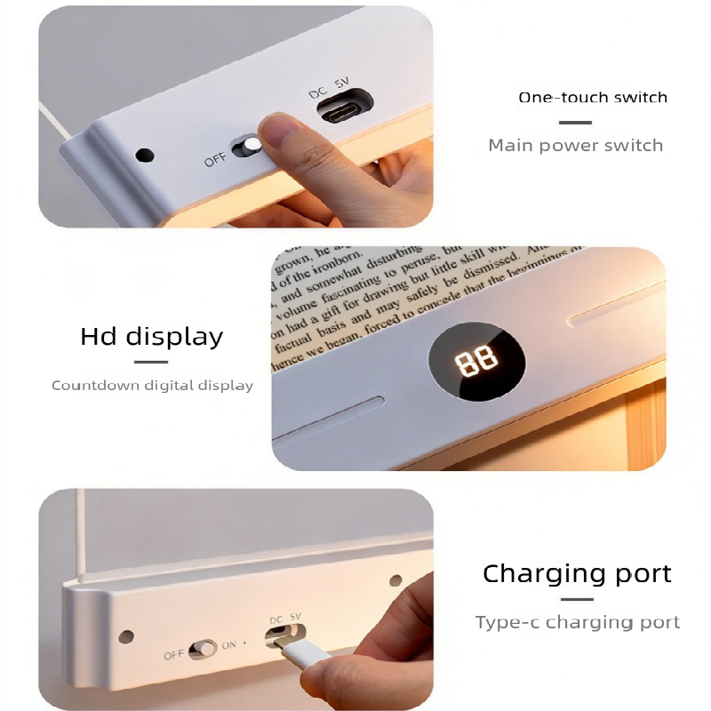Black LED Flat Panel Reading Light with 99m Timer 3 Color Modes Stepless Dimming Rechargeable Eye Protection Book Light for Bedside Dormitory Local Standard