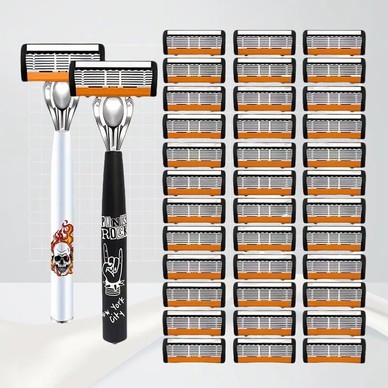 2-Pack 6-Layer Manual Razor with 36 Replacement Blades – Ultra-Close Shave for Men, Stainless Steel Handle with One-Click Blade Change