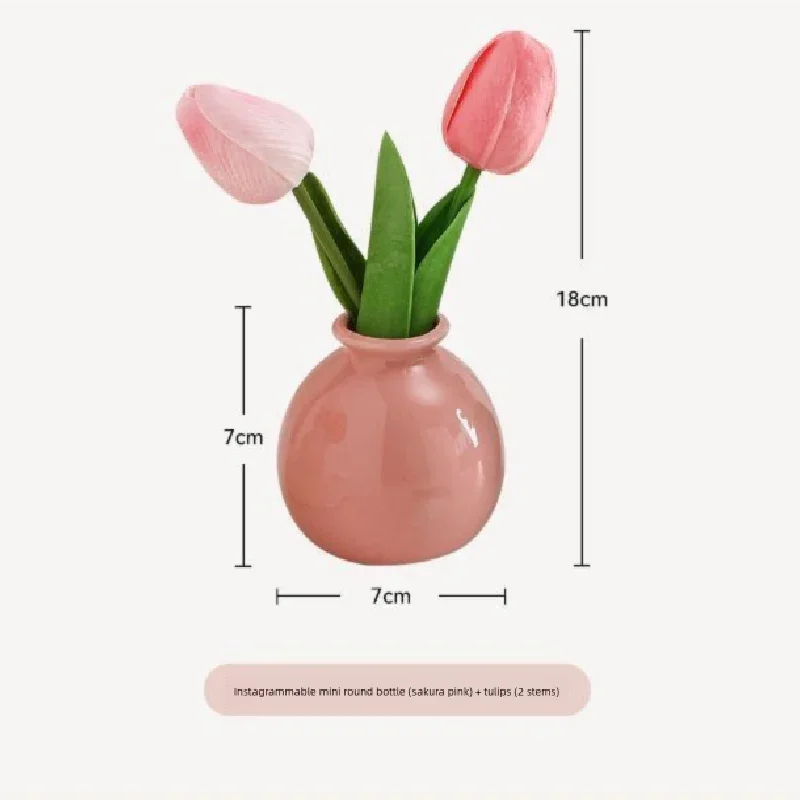Ceramic Vase with Artificial Flowers Set – Mini Decorative Pot for Home Living Room or Desk Display(Dark pink vase and tulips)