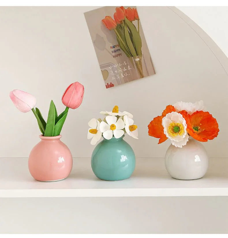 Ceramic Vase with Tulip Artificial Flowers Set – Mini Decorative Pot for Home Living Room or Desk Display