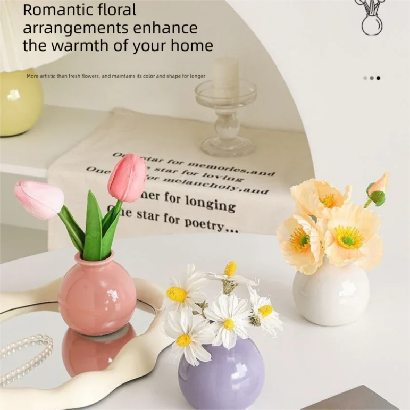 Ceramic Vase with Tulip Artificial Flowers Set – Mini Decorative Pot for Home Living Room or Desk Display