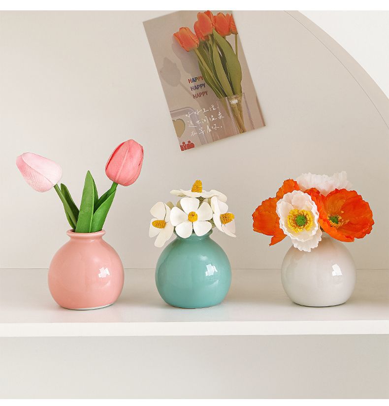 Ceramic Vase with camellia bud Artificial Flowers Set – Mini Decorative Pot for Home Living Room or Desk Display