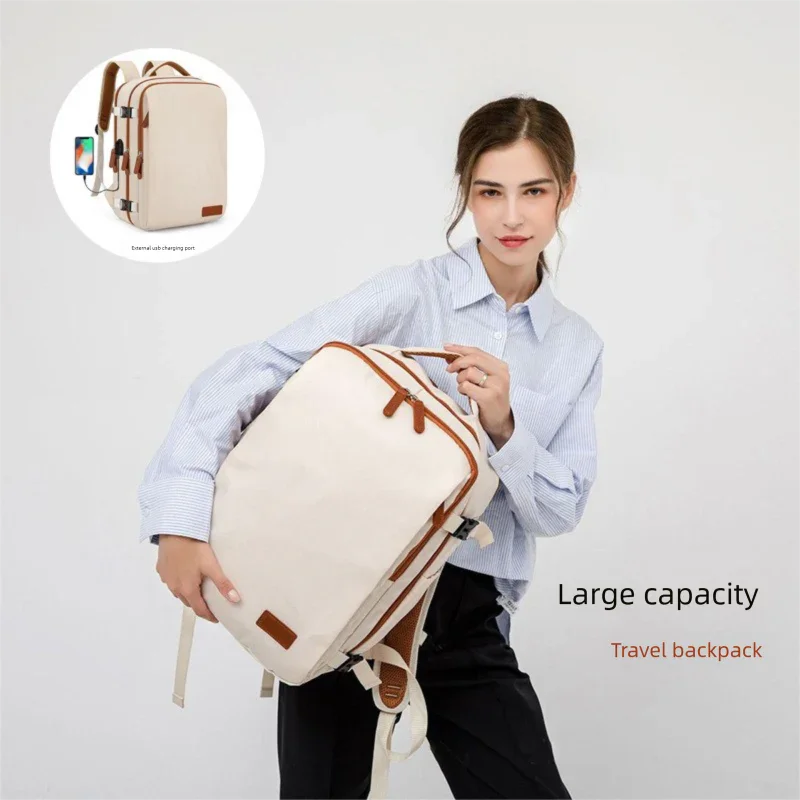 Beige Large Capacity Backpack with USB Charging Port and Waterproof Fabric for Travel Work and Daily Use