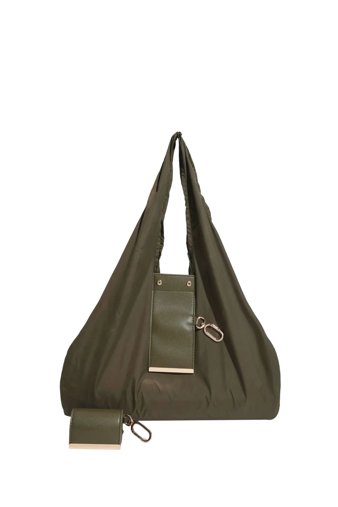 Olive drab Foldable Tote Bag with Built-In Storage Pouch – Compact Reusable Shopping Bag That Packs into Itself, Ideal for Daily Carry and Eco-Friendly Use