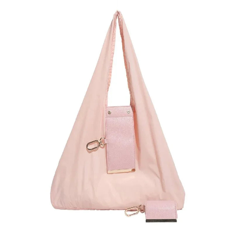 Pink Foldable Tote Bag with Built-In Storage Pouch – Compact Reusable Shopping Bag That Packs into Itself, Ideal for Daily Carry and Eco-Friendly Use