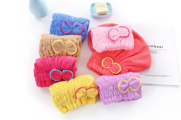 3-Pack Pink Thickened Coral Fleece Hair Drying Towel Cap – Double-Layered Absorbent Turban with Bow Design for Fast Drying and Gentle Care