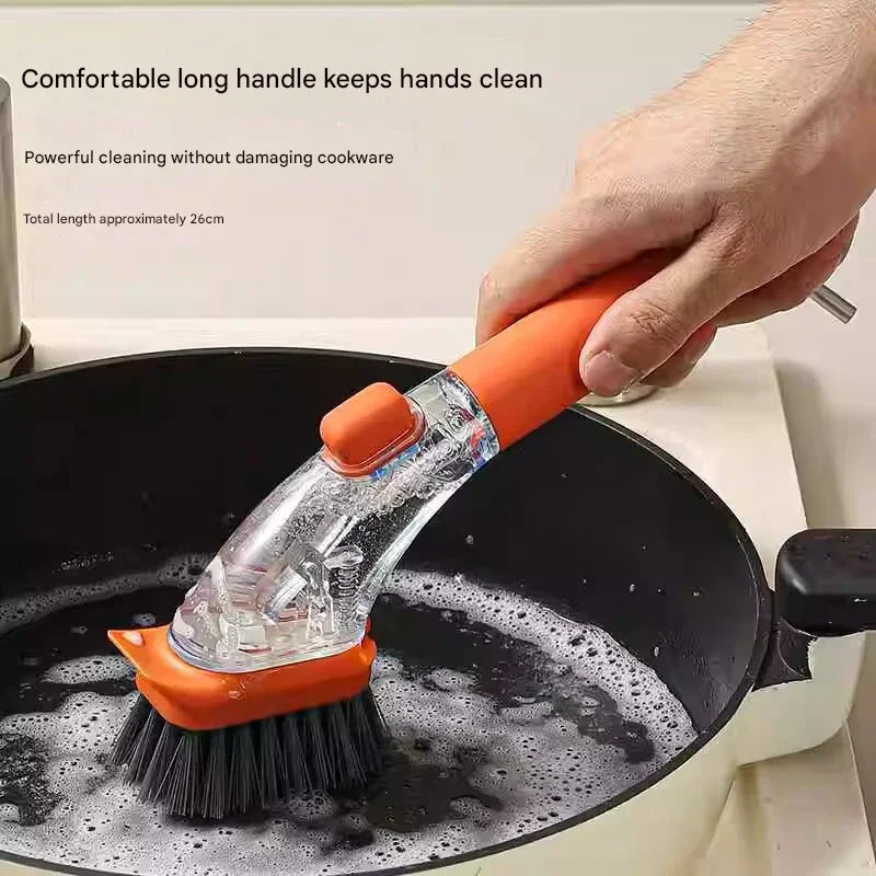 Dark green Long-Handled Liquid Dispensing Pot Scrubber – Multi-Use Kitchen Cleaning Brush with Built-In Detergent Reservoir