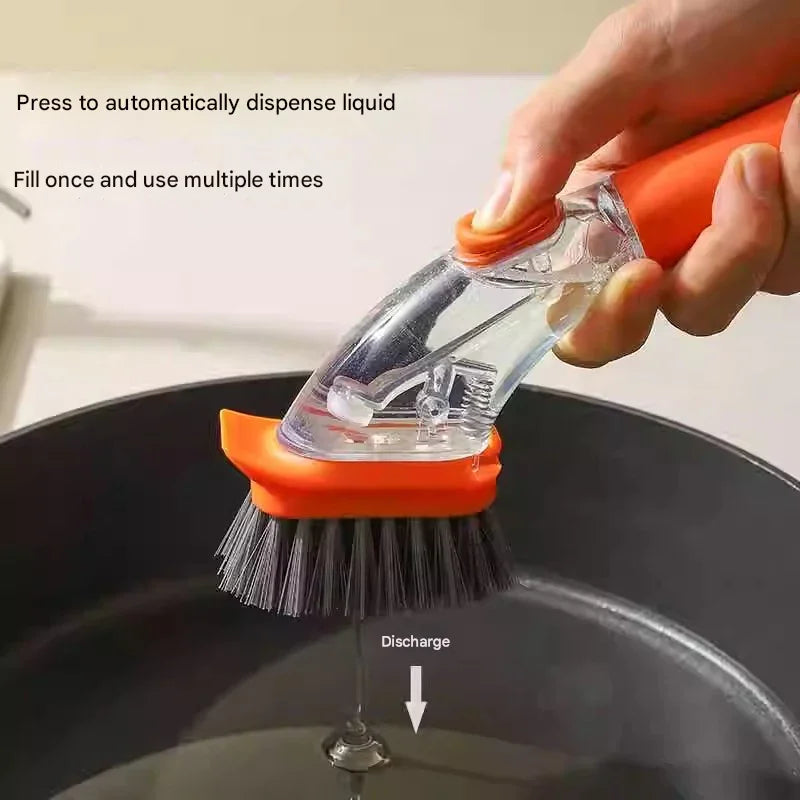 Orange Long-Handled Liquid Dispensing Pot Scrubber – Multi-Use Kitchen Cleaning Brush with Built-In Detergent Reservoir