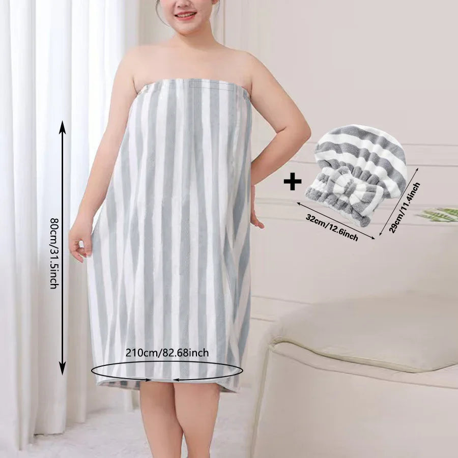 Grey Coral Fleece Bath Skirt with Matching Hair Towel – Soft Absorbent Wrap Dress for Women, Quick-Dry Shower Robe Set with Elastic Waistband and Adjustable Fit