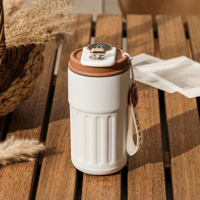 Coffee color Smart Digital Insulated Coffee Mug with 316 Stainless Steel Inner Liner – Vacuum-Sealed Travel Tumbler with Temperature Display, USB-C Rechargeable, Leak-Proof Lid for Hot and Cold Beverages