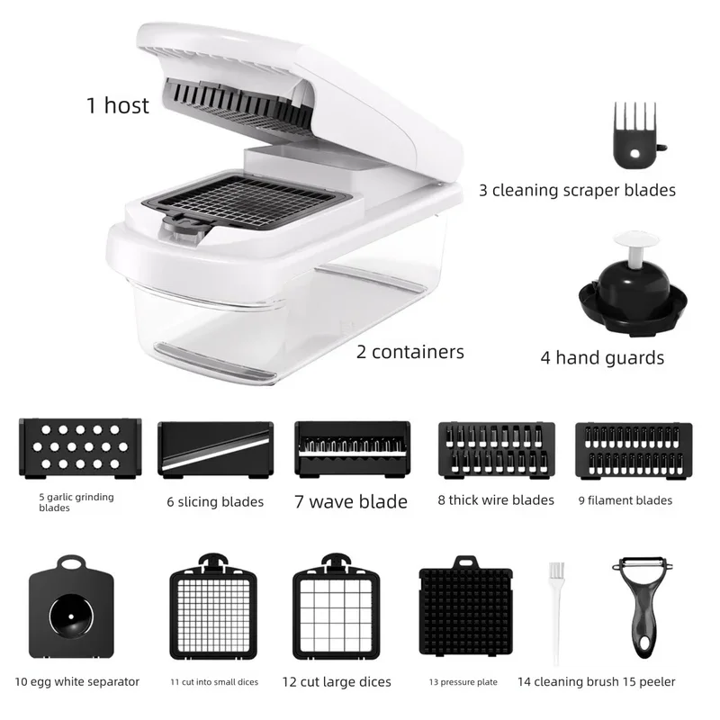 White Multifunctional Vegetable Slicer – Manual Kitchen Cutter with Adjustable Blades for Slicing, Dicing, Shredding, Garlic Grinding, and Egg White Separation